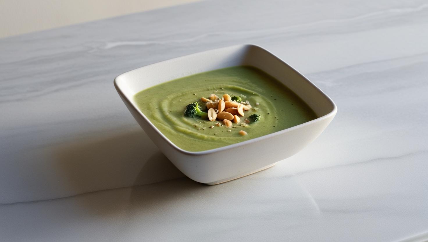 bowl of broccoli soup in a plain white square bowl garnished lightly with salted peanuts, sitting on a light marble countertop